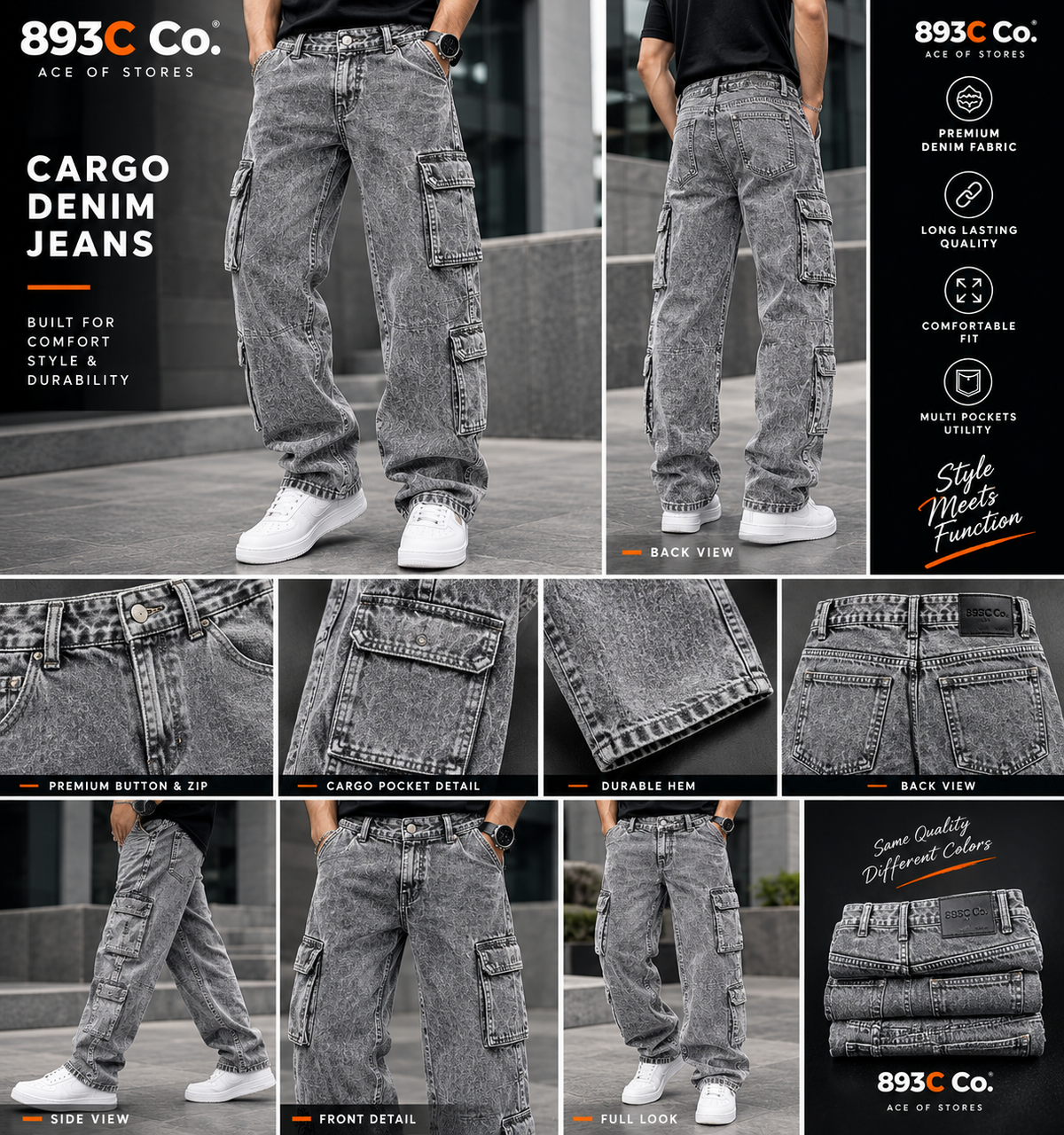 893C Co. Premium Cargo Denim Jeans – (Acid Gray, Black, Light Blue)