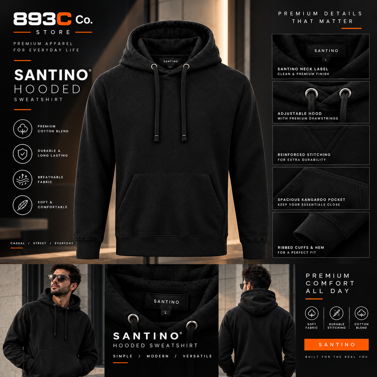 Santino Black Pullover Hoodie – Men’s Casual Wear
