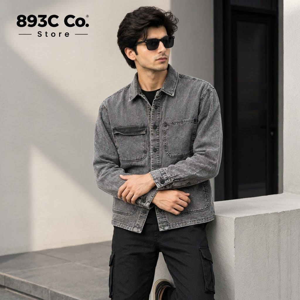 Men’s Washed Grey Denim Utility Shirt | 893C Co.