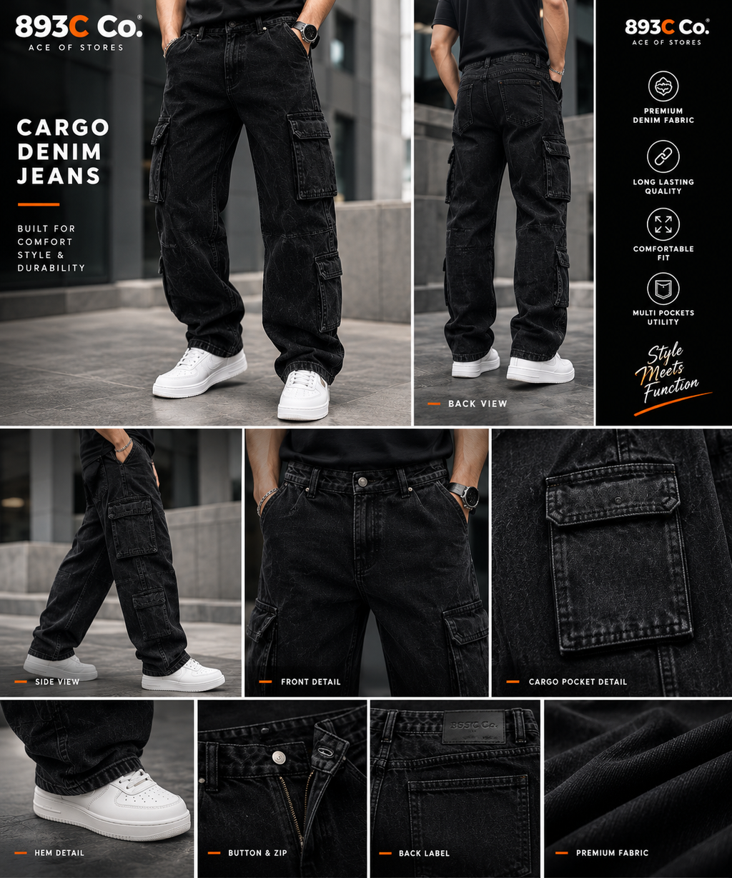 893C Co. Premium Cargo Denim Jeans – (Acid Gray, Black, Light Blue)