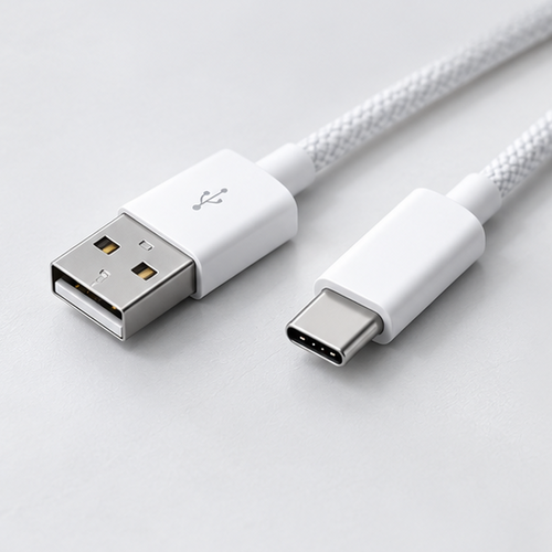 A close-up of a white braided USB-C to USB-A charging cable on a light gray surface, showing the connector details and cable texture.