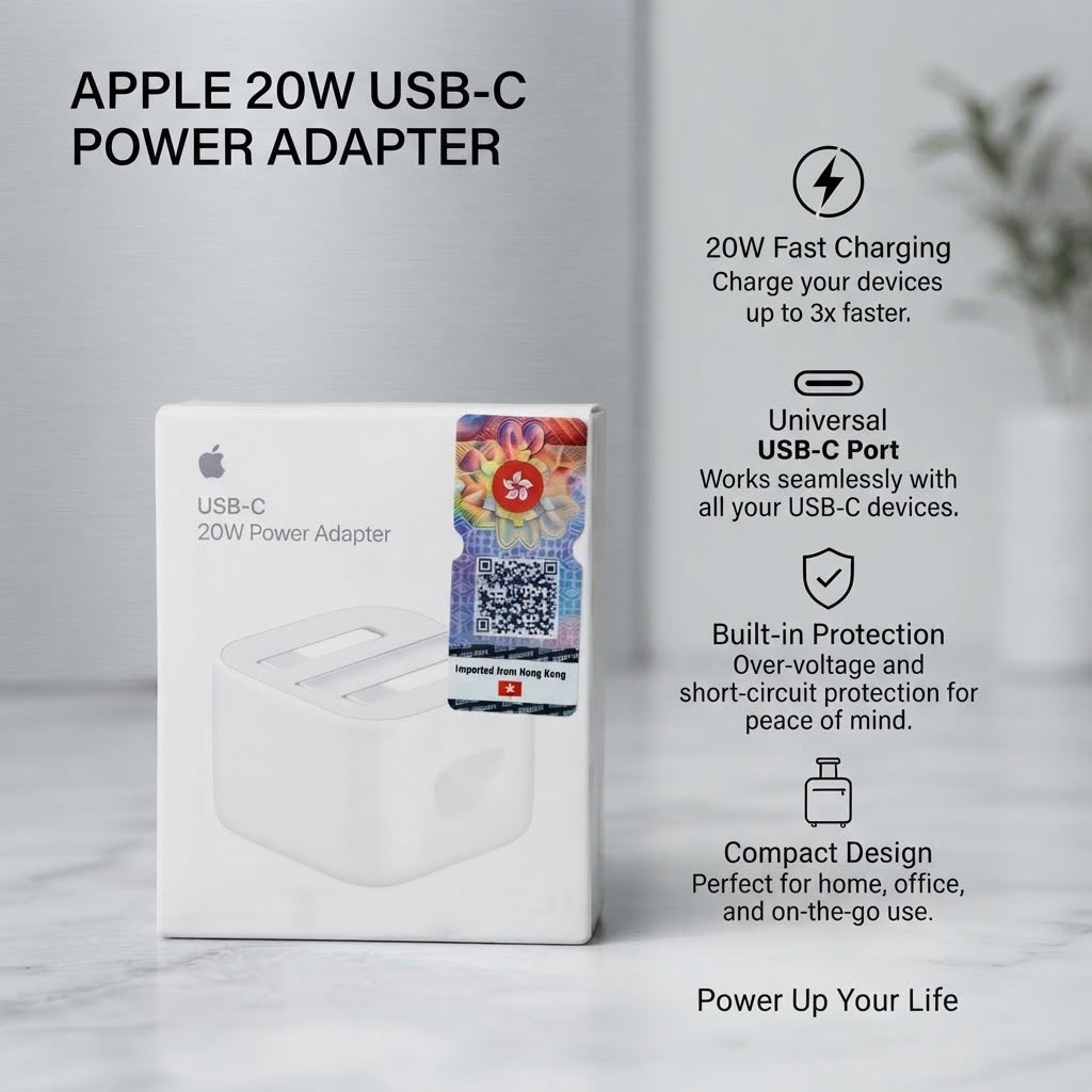 Apple 20W USB-C Power Adapter shown next to its retail box on a light marble surface, with feature callouts on the right including 20W fast charging, universal USB-C port compatibility, built-in protection, and compact design.