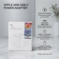 Apple 20W USB-C Power Adapter shown next to its retail box on a light marble surface, with feature callouts on the right including 20W fast charging, universal USB-C port compatibility, built-in protection, and compact design.