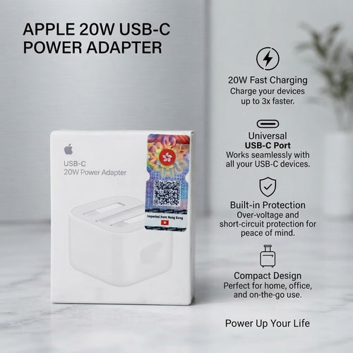 Apple 20W USB-C Power Adapter shown next to its retail box on a light marble surface, with feature callouts on the right including 20W fast charging, universal USB-C port compatibility, built-in protection, and compact design.