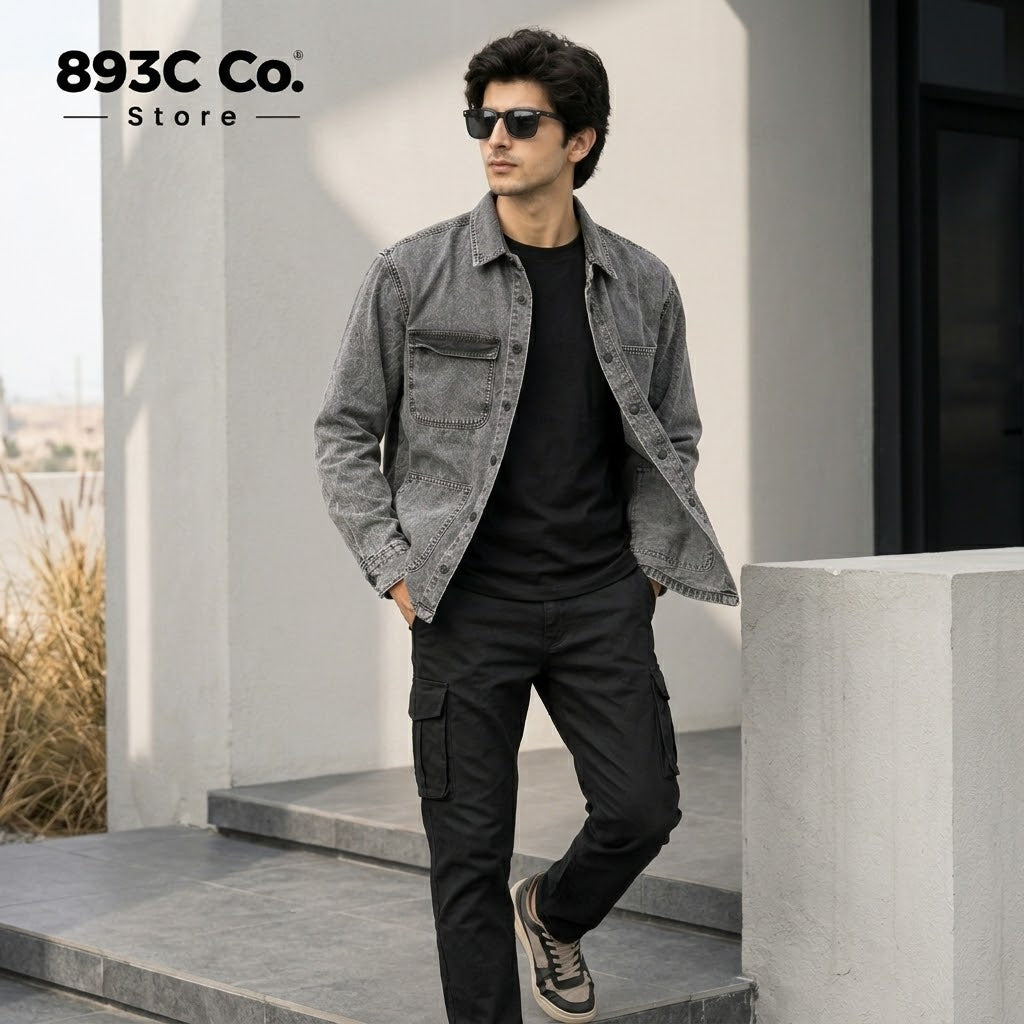 Men’s Washed Grey Denim Utility Shirt | 893C Co.