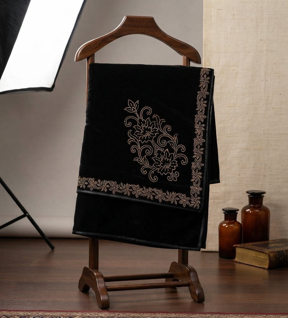Luxury Velvet Shawl With Intricate Gold Leaf & Stonework