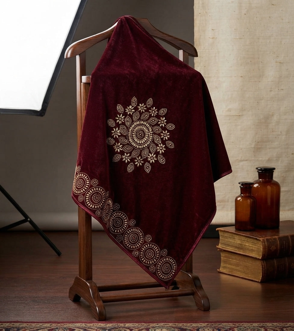 Luxury Velvet Shawl With Intricate Gold Leaf & Stonework