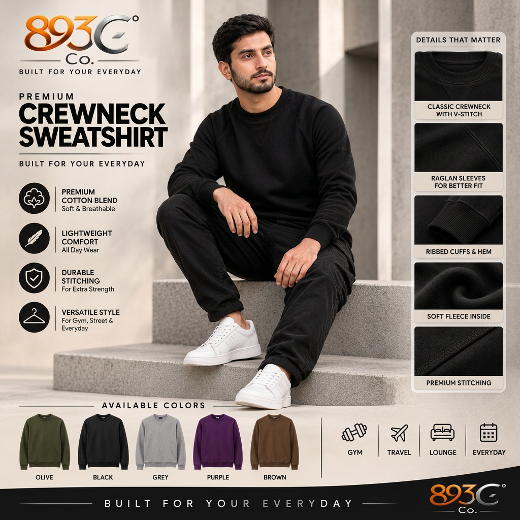 A man wearing a black crewneck sweatshirt and black pants sits on stone steps, with promotional text and fabric detail panels around him. The image includes the brand name 893C Co and available color options at the bottom.