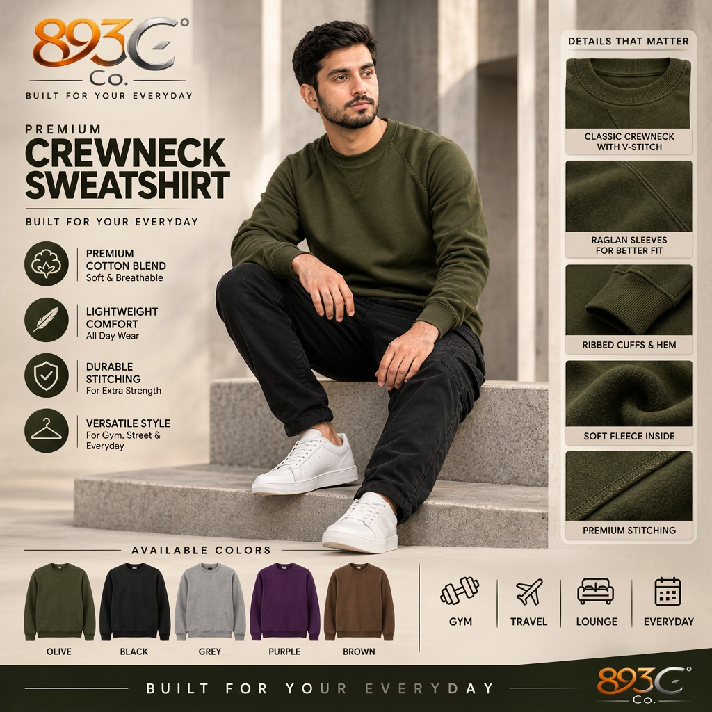 A man wearing an olive green crewneck sweatshirt and black pants sits on stone steps, with promotional text and fabric detail callouts around him. The image includes the 893C Co.
