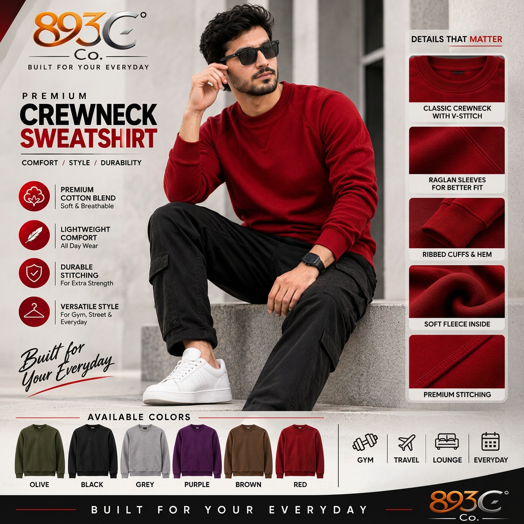 A promotional graphic for the 893 Co. Premium Crewneck Sweatshirt.