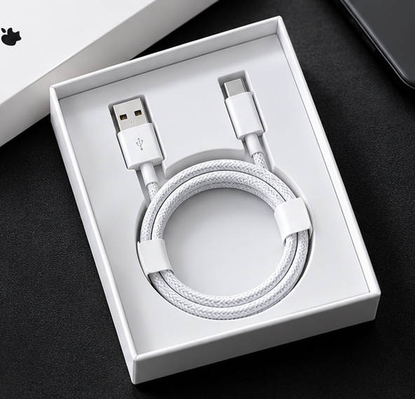 A white braided USB-A to USB-C charging cable neatly coiled inside an open white retail box, photographed on a dark surface with part of a box lid and a phone visible in the background.