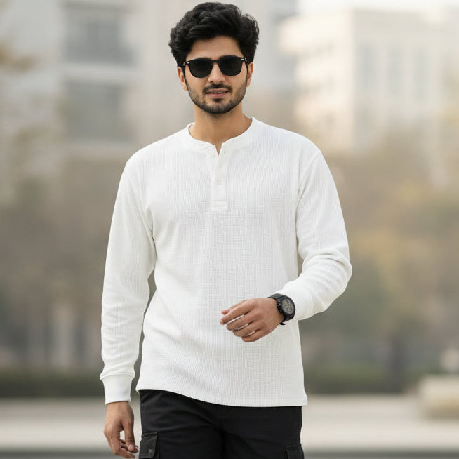 Men’s White Textured Knit Henley Sweater