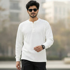 Men’s White Textured Knit Henley Sweater