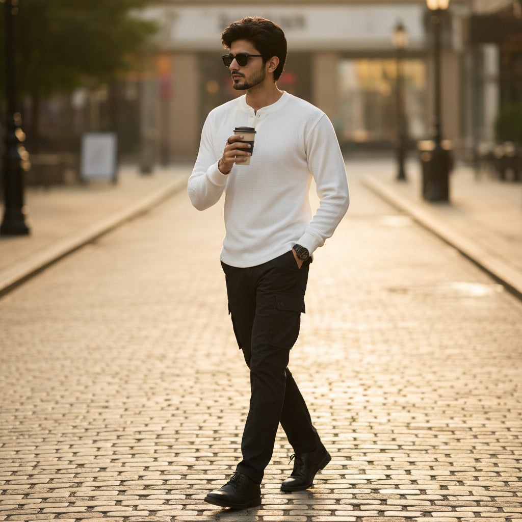 Men’s White Textured Knit Henley Sweater