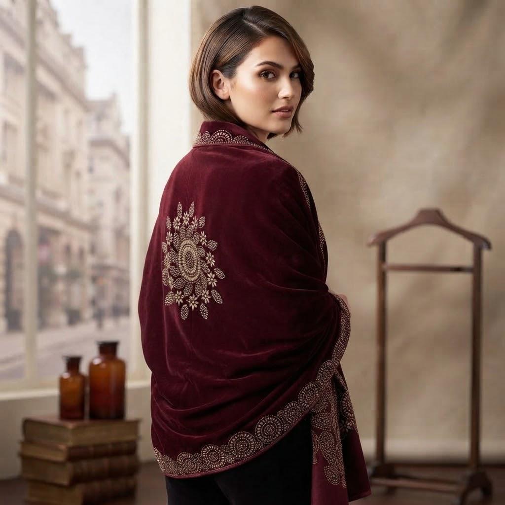 Luxury Velvet Shawl With Intricate Gold Leaf & Stonework