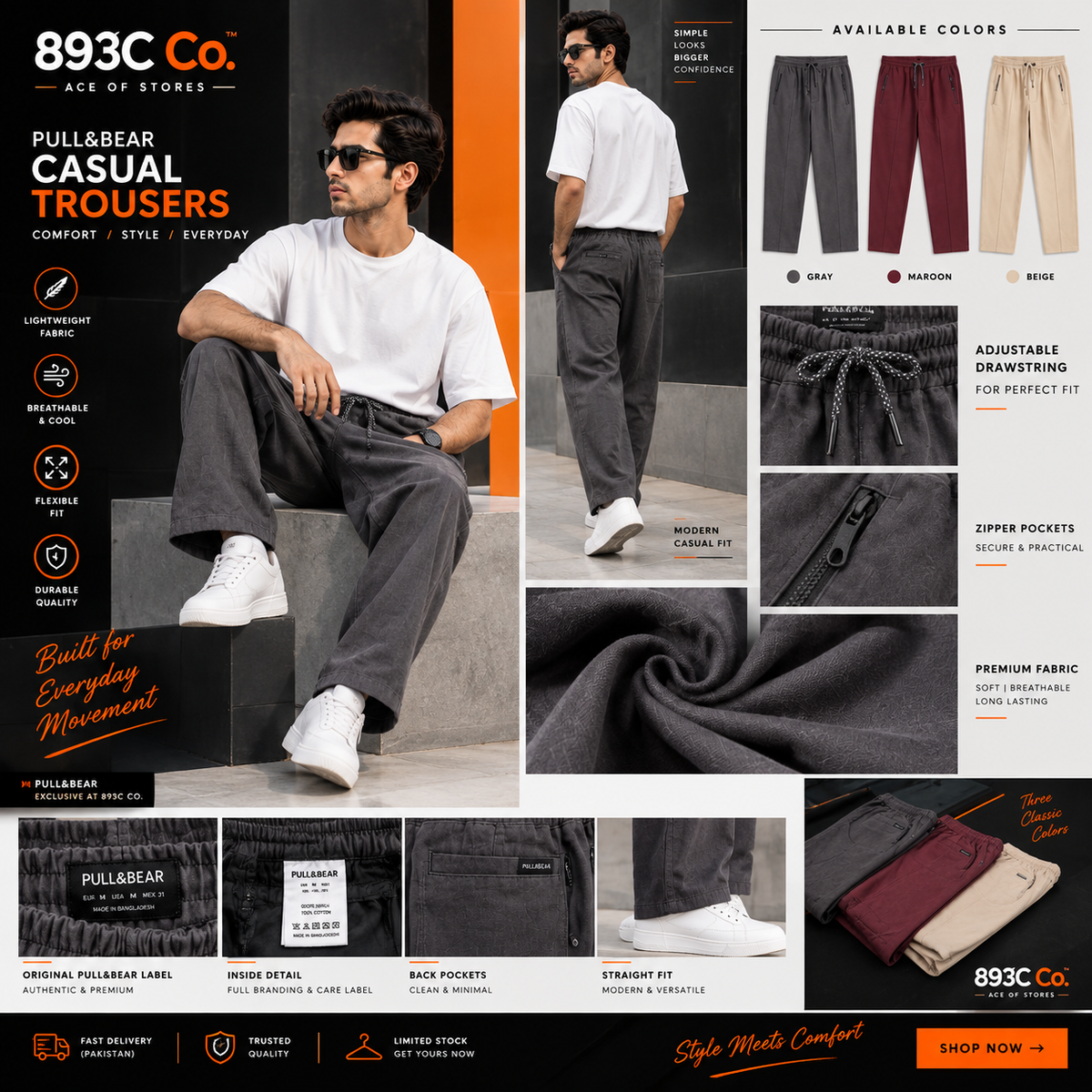 Pull&Bear Men’s Casual Trousers – Adjustable Drawstring & Zipper Pockets