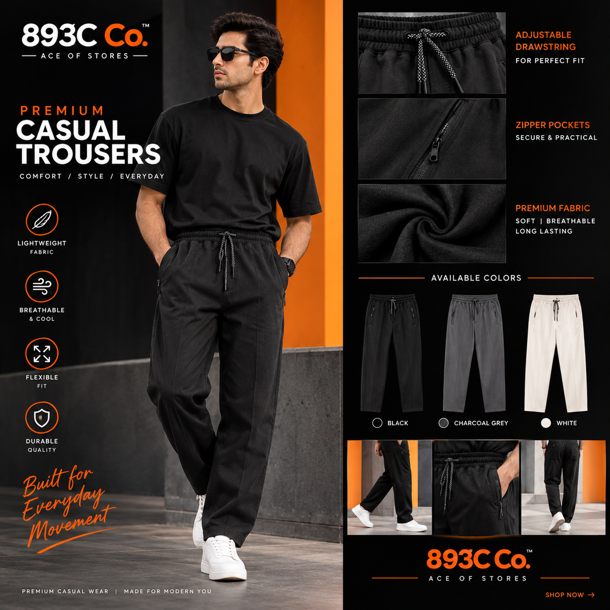 Pull&Bear Men’s Casual Trousers – Adjustable Drawstring & Zipper Pockets