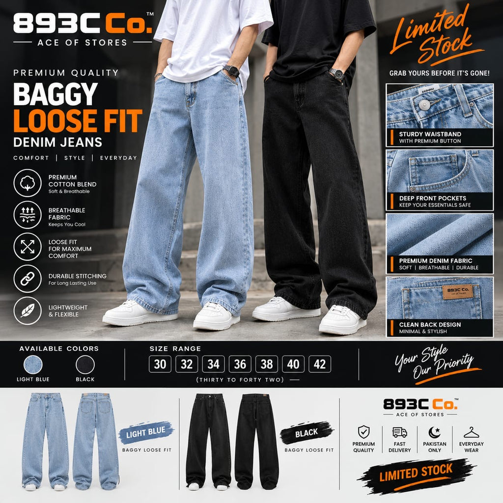 FAT FACE Men's Baggy Loose Fit Black Denim Jeans