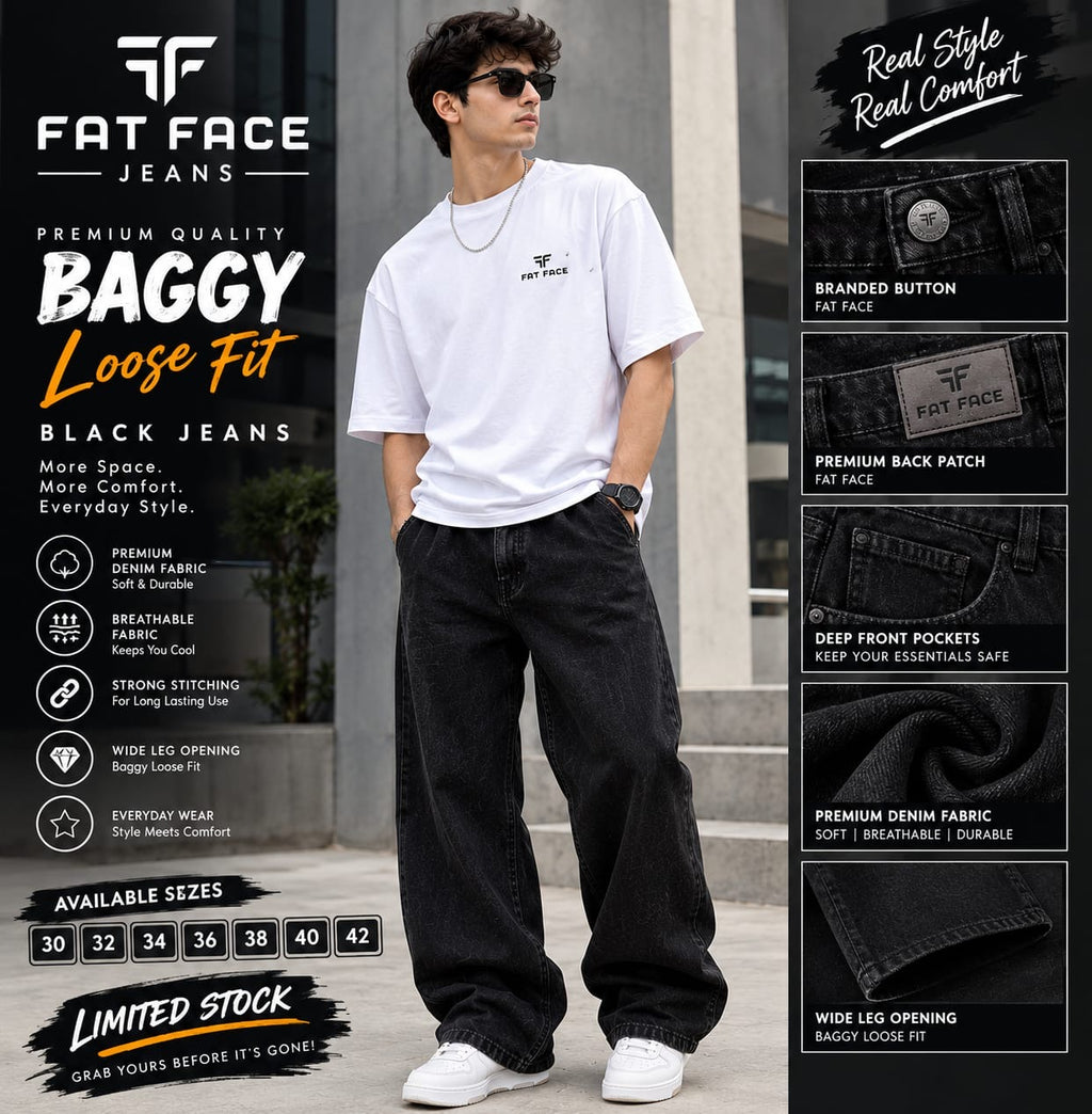 FAT FACE Men's Baggy Loose Fit Black Denim Jeans